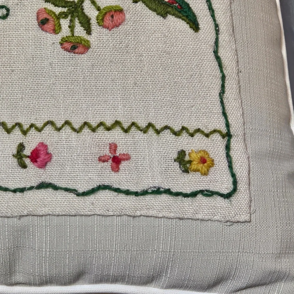Vintage Style‎ Hand Embroidered Floral Pillow Cottagecore Folk Art Needlework